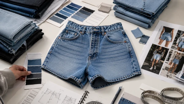 High-waisted women’s denim shorts arranged for streetwear and hip hop apparel development