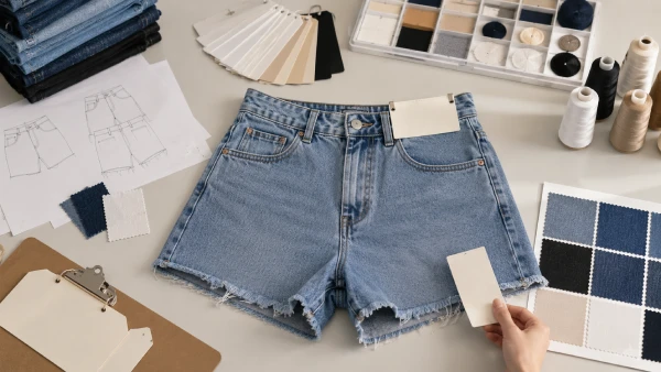 Women’s high-waisted denim shorts prepared for waist logo customization and OEM development