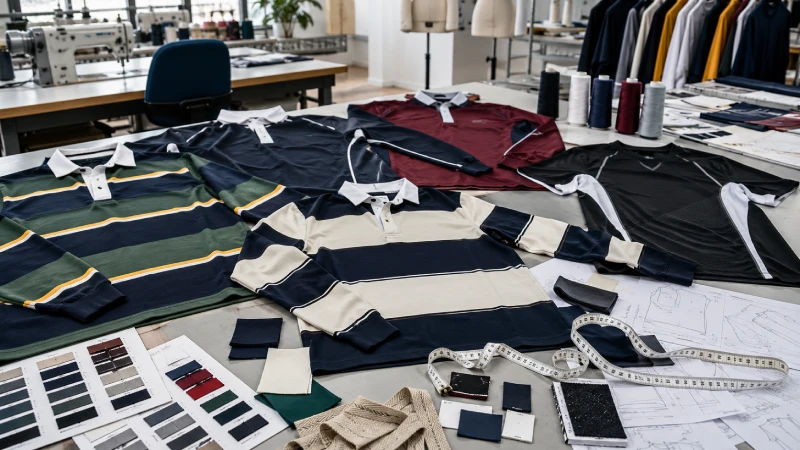 Custom rugby shirts, fabric swatches, and production documents in an apparel manufacturing workspace