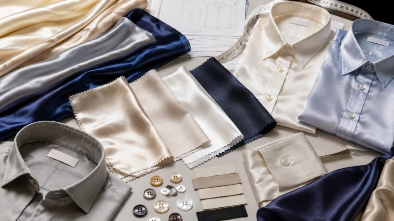 Silk shirt fabric selection table showing different silk textures, fabric weights, collars, cuffs, seams, and premium garment construction details