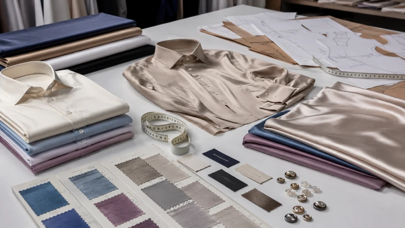 Custom silk shirt manufacturing workspace with silk fabric swatches, shirt samples, pattern paper, and private label apparel development materials