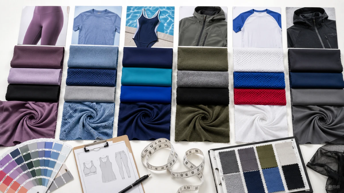 Sportbekleidungs-Stoffauswahlleitfaden mit Stretch-Gewirke, Mesh, Fleece und leistungsstarken Textilmustern für die Activewear-Produktion.