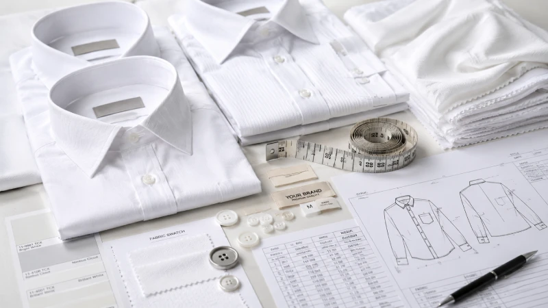 White shirt manufacturers sourcing table with fabric swatches, labels, measuring tape, and production sheets