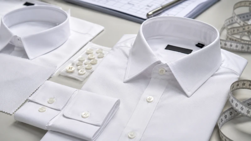 White shirt quality inspection showing collar, cuffs, stitching, labels, and measuring tools in apparel manufacturing
