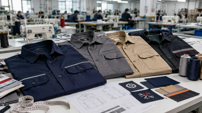 Custom work shirt manufacturing table with workwear shirts, fabric swatches, embroidery samples, and garment production tools