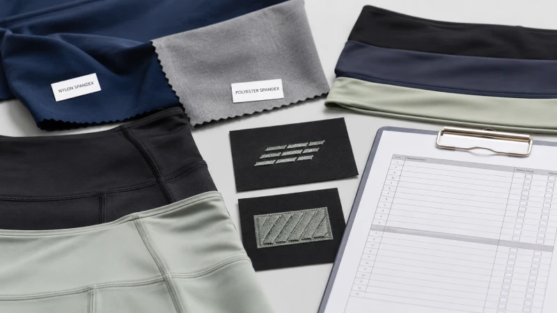 Close-up comparison of activewear fabrics, seams, waistband elastic, and logo application samples