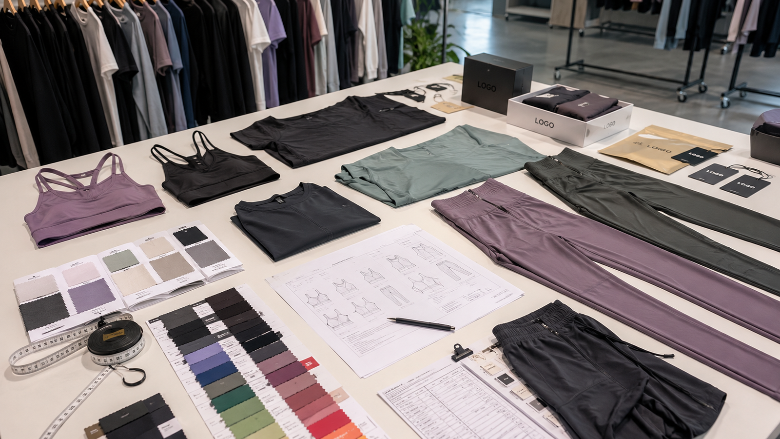 Échantillons de tissus pour vêtements de fitness, étiquettes et liste de contrôle pour comparer les fournisseurs de vêtements de sport