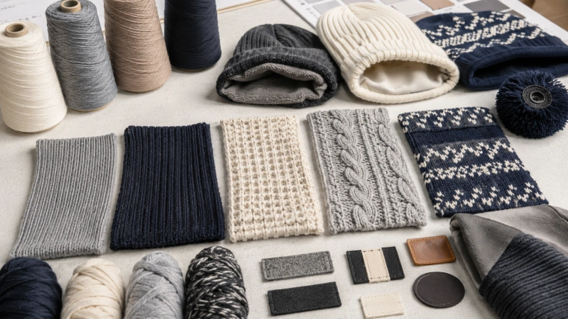 Rib, waffle, cable and jacquard beanie knits compared with yarn and customization samples