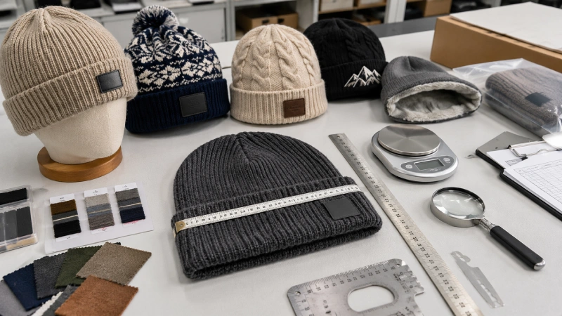 Cuffed beanie measured for dimensions, crown alignment, knit quality and branding placement
