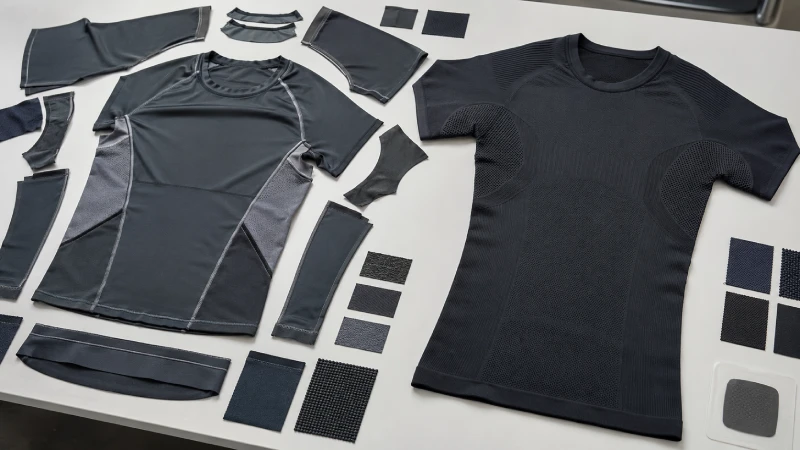 Cut-and-sew and seamless compression shirts showing stretch fabrics, ergonomic panels, ventilation zones, and flatlock seams.