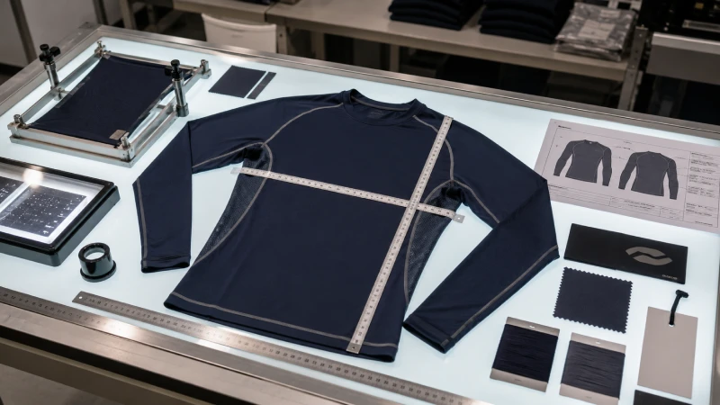 Compression shirt sample undergoing measurement, seam, fabric recovery, opacity, and logo durability inspection at a quality-control station.