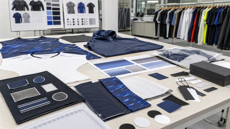 Custom sportswear logo application samples including sublimation heat transfer embroidery labels and packaging