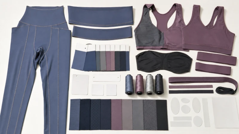 Legging and sports bra components showing performance fabrics, flatlock seams, gusset construction, and support elastic