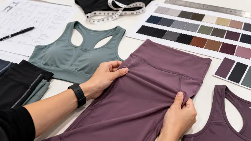 Fitness clothing quality review showing activewear fabric, seams, waistband and logo placement inspection before bulk production