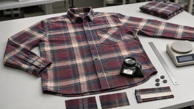 Chemise en flanelle à carreaux finie, soumise à un contrôle de mesure, de surface et de confection dans un poste de contrôle qualité des vêtements.