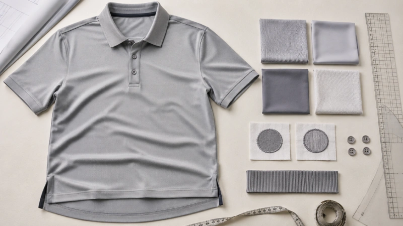 Performance golf polo construction with pique fabrics, reinforced placket, collar sample and embroidery tests