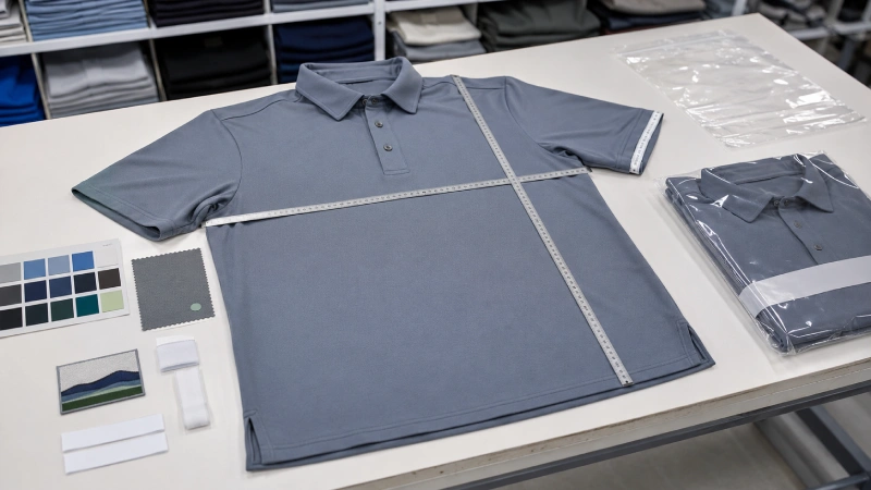 Golf polo sample undergoing measurement, construction, embroidery, label and packaging quality inspection