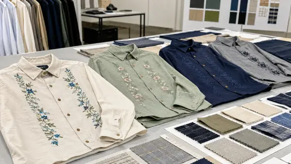 Embroidered ODM cotton long sleeve casual shirt samples for apparel development review.