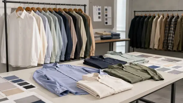 Men’s cotton casual long sleeve shirt samples arranged for casualwear collection development in an OEM apparel sampling room.