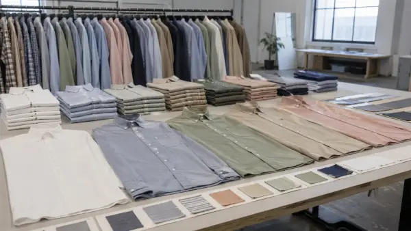 Men’s cotton long sleeve casual shirt samples prepared for spring apparel program review.