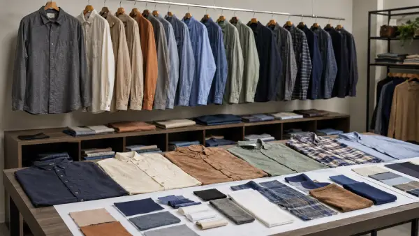 Unisex long sleeve casual shirt samples arranged for autumn apparel program review.