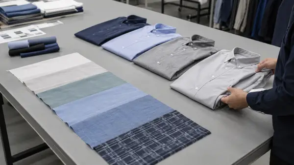Men’s long sleeve casual shirt samples reviewed for anti-wrinkle apparel development in an OEM inspection setting.