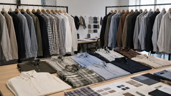 Men’s long sleeve casual shirt samples arranged in an OEM apparel sampling room for casualwear collection development.