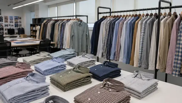 Men’s long sleeve casual shirt samples prepared for spring apparel program review in a clean factory showroom.