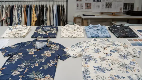 Printed men’s short sleeve floral shirt samples prepared for OEM sampling review.