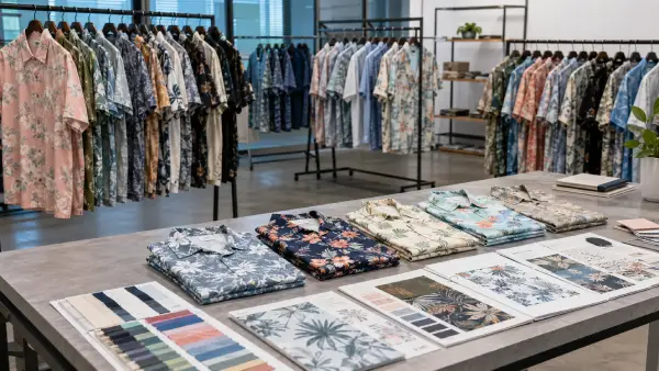 Men’s floral short sleeve shirt samples arranged for OEM resort shirt program development.