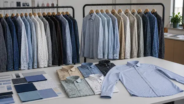 OEM men’s printed long sleeve casual shirt samples prepared for spring casualwear collection development.
