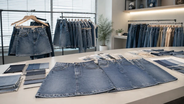 Women’s A-line denim mini skirt samples prepared for casual denim collection review in an OEM factory showroom.