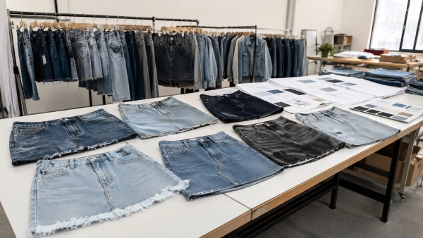 Chinese style women’s denim mini skirt samples arranged for OEM apparel development review.