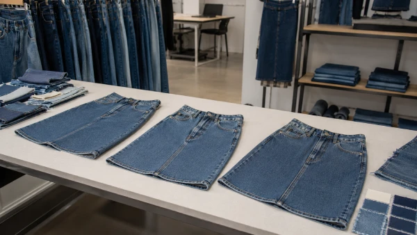 Vintage style women’s A-line denim mini skirt samples arranged for denim assortment review.