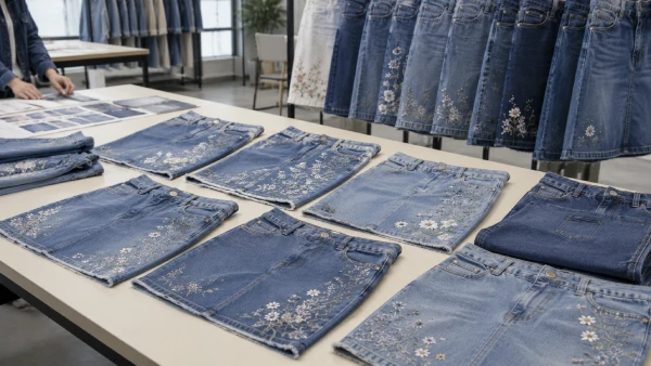 Women’s embroidered denim skirt samples for vintage style OEM apparel programs