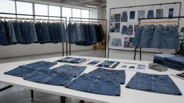 OEM women’s A-line denim mini skirt samples prepared for casual denim collection review.