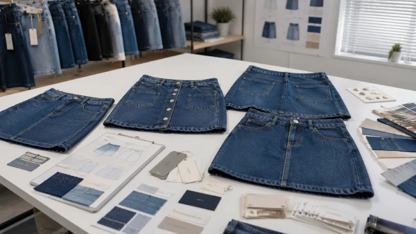 Women’s A-line denim mini skirt samples prepared for private label customization review.