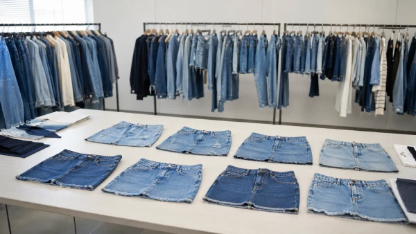 Blue women’s A-line denim mini skirt samples for summer daily wear apparel programs.