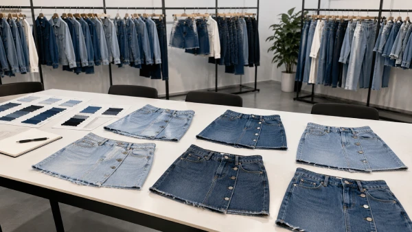 OEM women’s denim mini A-line skirt samples prepared for casual denim collection review.