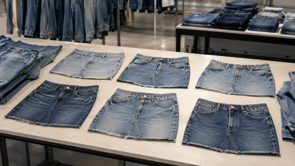 Vintage style OEM women’s denim mini A-line skirt samples on a factory showroom table.