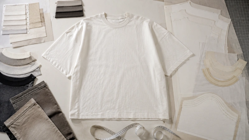 Oversized T-shirt pattern, heavyweight jersey swatches, rib collar samples, and graded pieces on a development table.