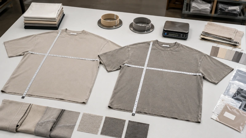 Pre-wash and washed oversized T-shirt samples undergoing measurement, collar, seam, and fabric quality inspection.