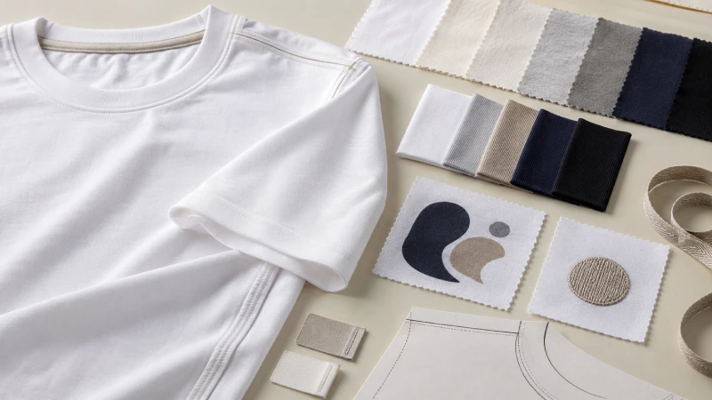 Heavyweight cotton jersey, rib collar, shoulder tape, seam construction, and decoration samples for private label T-shirts.