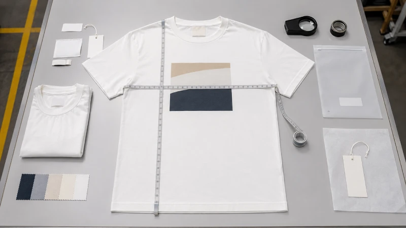Private label T-shirt sample measured at a quality-control station with collar, seam, print, and packaging checks.
