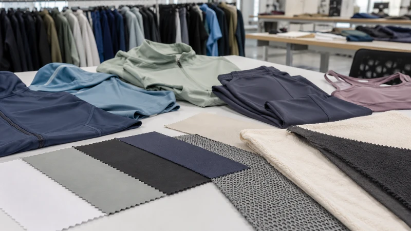 Sportswear fabric swatches including polyester nylon spandex mesh cotton blend and fleece for material sourcing review