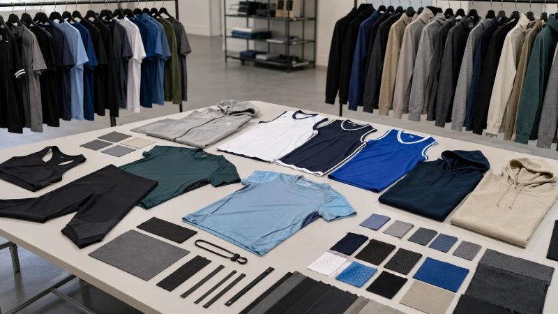 Different sportswear product types arranged for sourcing comparison including gym wear teamwear and athleisure