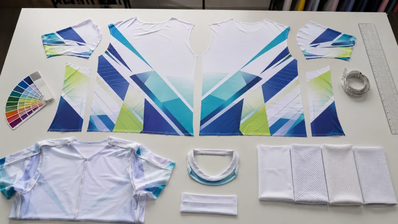 Polyester fabrics, sublimation print panels and seam construction samples prepared for technical T-shirt development.