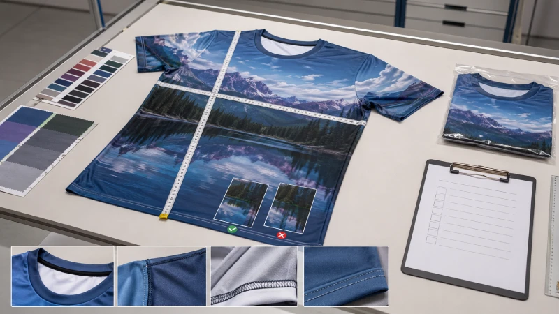 Finished sublimation T-shirt undergoing measurement, color alignment and seam quality review at an apparel inspection station.