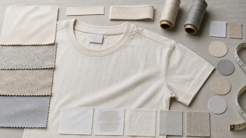 Organic and recycled T-shirt fabrics reviewed with rib collar, seams, labels, and print samples.