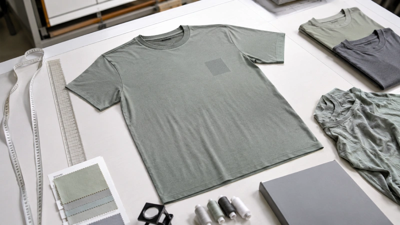 Finished sustainable T-shirt sample checked for measurements, collar stability, seam alignment, and print quality.